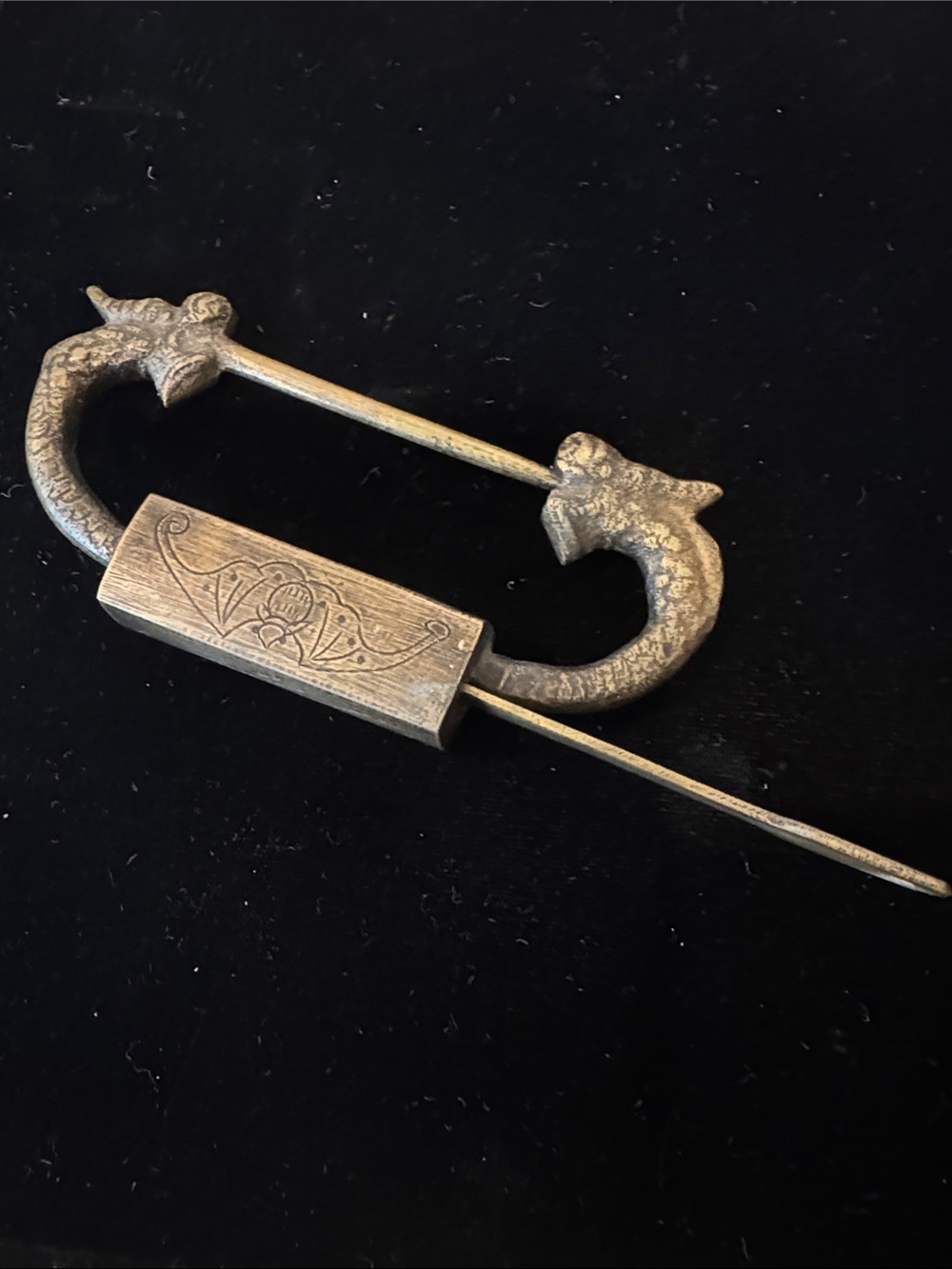 Antique Chinese Engraved Brass Padlock with Key - Vintage Dragon Motif Lock